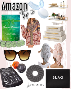 Houston fashion/lifestyle blogger LuxMommy shares Amazon top 10 including teeth whitening light, decorative shelves, hair wrap towels, fitness game, eye masks, and shower steamers