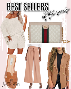 Houston top lifestyle blogger shares best sellers of the week including two-piece short set, Gucci handbag, affordable blazer, wide leg pants, and slide sandals