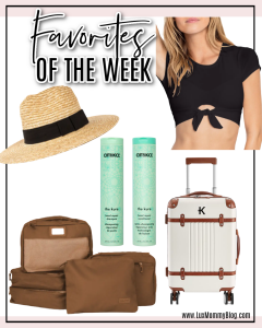Houston fashion/lifestyle blogger LuxMommy shares favorites of the week including straw hat, tie front tee bikini top, packing cubes, travel carry on luggage, and amika shampoo and conditioner