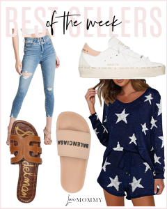 Houston top lifestyle blogger shares best sellers of the week including Express distressed denim jeans, Golden Goose GG sneakers, cut out sandals, Balenciaga slides, and a two piece star print outfit perfect for the Fourth of July