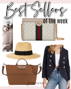 Houston fashion/lifestyle blogger LuxMommy shares best sellers including Gucci handbag, navy blazer, expandable travel bag, straw hat, and dry shampoo