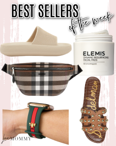 Houston fashion/lifestyle blogger LuxMommy shares best sellers of the week including Apple watch band that gives Gucci vibes, Elemis resurfacing facial pads, Burberry bumbag back in stock, studded sandals, and the comfiest slide sandals