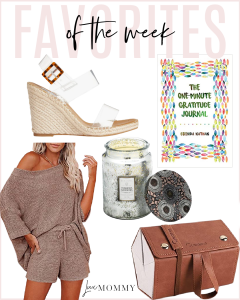 Houston fashion/lifestyle blogger LuxMommy shares favorites including wedge sandals, gratitude journal, comfy two piece outfit set, gardenia candle, and travel case for sunglasses