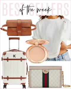 Houston fashion/lifestyle blogger LuxMommy shares best sellers of the week including Aria belt bag, distressed basic tee, personalized luggage, Charlotte Tilsbury presesd powder, and Gucci handbag