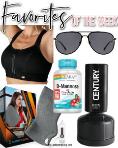 Houston fashion/lifestyle blogger LuxMommy shares favorites of the week including high impact sports bra, sunglasses from Amazon, heating pad, vitamins for urinary tract health, and a training boxing bag