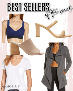 Houston fashion/lifestyle blogger LuxMommy shares best sellers of the week including a medium to high sports bra, open toe mules, slide sandals, basic tee, and the perfect fall casual jacket