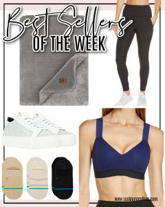 Houston fashion/lifestyle blogger LuxMommy shares best sellers of the week including UGG blanket, the perfect pair of leggings, medium or high intensity sports bra, the best no show socks, and P448 sneakers