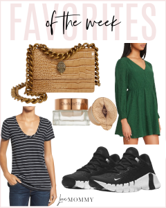 Houston fashion/lifestyle blogger LuxMommy including a round neck striped basic tee, Kurt Geiger crossbody bag, Nike sneakers, Charlotte Tilsbury eye repair set and green long sleeve shirt