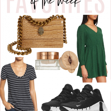Houston fashion/lifestyle blogger LuxMommy including a round neck striped basic tee, Kurt Geiger crossbody bag, Nike sneakers, Charlotte Tilsbury eye repair set and green long sleeve shirt
