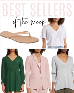 Houston fashion/lifestyle blogger LuxMommy shares best sellers of the week including perfect flip flops, basic tee, long sleeve dress, beautiful pink blazer, and a v-neck sweater for fall.