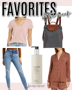 Houston fashion/lifestyle blogger LuxMommy shares favorites of the week including basic tee, Good American jeans, Elemis facial cleanser, comfy pajama set, and Longchamp backpack