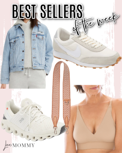Houston fashion/lifestyle blogger LuxMommy shares best sellers of the week including classic denim jacket, Nike Daybreak sneakers, Onswift running shoes, statement shoulder strap, and the best bralette