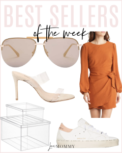 Houston fashion/lifestyle blogger LuxMommy shares best sellers of the week including affordable frameless sunglasses, clear heels, clear organization storage boxes, Golden Goose sneakers, and flattering long sleeve dress