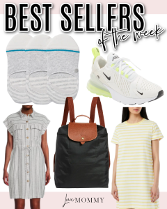 Houston fashion/lifestyle blogger LuxMommy shares best sellers of the week including the best no show socks, Nike Air Max 270 sneakers, linen dress and t-shirt dress from Walmart under $20, and Longchamp backpack