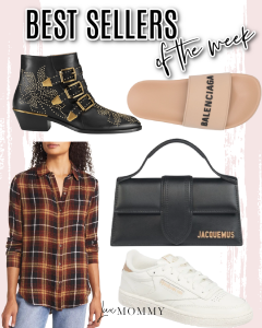 Houston fashion/lifestyle blogger LuxMommy shares best sellers of the week including Balenciaga slides, Chloe boots, perfect mini handbag, classic Reebok sneakers, and the best new plaid