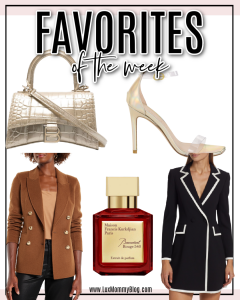 Houston fashion/lifestyle blogger LuxMommy shares favorites of the week including new Balenciaga shoulder bag, new holographic leather high heels, perfect fall blazer dress, MFK perfume on sale, and black and white blazer dress