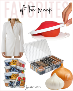 Houston fashion/lifestyle blogger LuxMommy shares favorites of the week including a blazer romper, tomato saver, garlic and onion saver, battery organizer, and glass food storage
