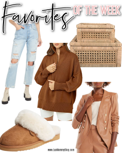 Houston fashion/lifestyle blogger LuxMommy shares favorites of the week including distressed jeans, rattan decorative storage boxes, oversized sweatshirt, comfy house slippers, and a faux leather blazer