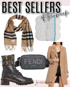 Houston fashion/lifestyle blogger LuxMommy shares best sellers of the week including Burberry scarf, the best no show socks, moto jacket, Fendi bumbag, and combat boots