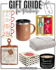 Houston fashion/lifestyle blogger LuxMommy shares a gift guide for teachers under $30 including holiday coffee mug set, hydroflask travel mug, holiday cutting board set, cozy throw blanket, teacher candle, memo box and pen set, and Starbucks gold tumbler and coffee set.