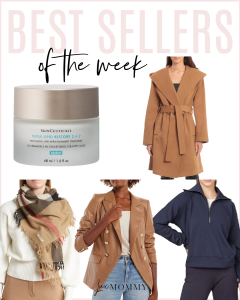 Houston fashion/lifestyle blogger LuxMommy shares best sellers of the week including wrap coat, amazing facial moisturizer, Burberry scarf, faux leather blazer, and the perfect half zip pullover