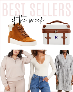 Houston fashion/lifestyle blogger LuxMommy shares best sellers of the week including personalized vanity case, shearling sneakers from Walmart, the perfect half zip sweatshirt, bodysuit, and cozy robe.