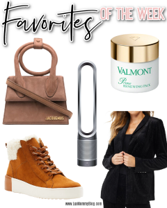 Houston fashion/lifestyle blogger LuxMommy shares favorites of the week including shearling sneakers under $30, a great fall blazer under $50, a new favorite face mask, Dyson fan, and a fun date night handbag from Jacquemus