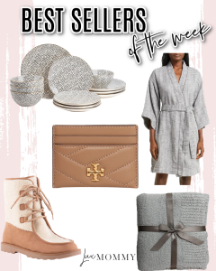 Houston fashion/lifestyle blogger LuxMommy shares best sellers of the week including the best robe, a beautiful set of dishes, Tory Burch card holder, shearling boots, and the perfect throw blanket
