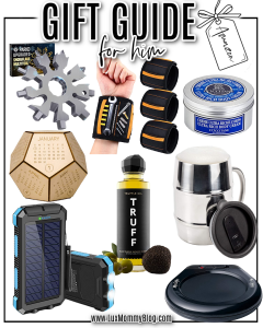 Amazon gift guide for him including solar power bank, mug warmer, moisturizing cream, magnetic wrist tool band, black truffle oil, insulated travel mug, desktop calendar, and multi-tool