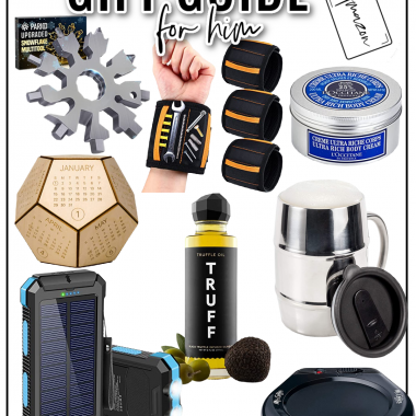 Amazon gift guide for him including solar power bank, mug warmer, moisturizing cream, magnetic wrist tool band, black truffle oil, insulated travel mug, desktop calendar, and multi-tool