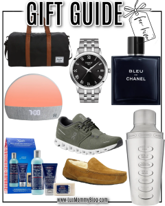 Gift guide for him including tote bag, watch, cologne, sneakers, house slippers, and more