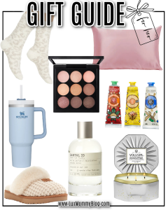 Gift guide for her including cozy socks, silk pillowcase, makeup pallet, drinking tumbler, house slippers, perfume, candle, and skincare