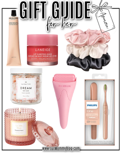 Amazon gift guide for her including lip mask, ice roller, candle, toothbrush, hair scrunchies, and more