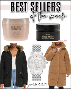 Houston fashion/lifestyle blogger LuxMommy shares best sellers of the week including lightweight puffer coat, teddy jacket, Michele watch, Colleen Rothschild mask, and CBD sleep melts