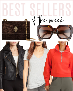 Houston fashion/lifestyle blogger LuxMommy shares best sellers of the week including Burberry oversized sunglasses, faux leather moto jacket, my favorite basic tee on sale, Kurt Geiger affordable crossbody bag, and one of my favorite new pullovers