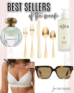 Houston fashion/lifestyle blogger LuxMommy shares best sellers of the week including the perfect spring and summer perfume, the best wireless bra, Gucci sunglasses, my favorite body balm, and a gorgeous set of gold flatware!