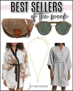 Houston fashion/lifestyle blogger LuxMommy shares best sellers of the week including Fendi sunglasses, the best waffle robe, a perfect 14k gold initial necklace, silk jaguar print robe, and raffia crossbody bag.