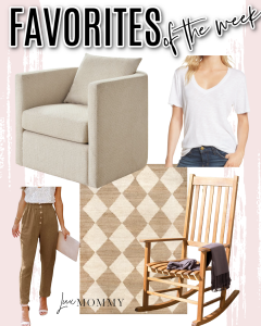 Houston fashion/lifestyle blogger LuxMommy shares favorites of the week including the best swivel chair, perfect rocking chairs, my favorite basic tee back in stock, comfy pair of linen pants, and gorgeous jute rug