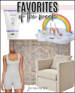 Houston fashion/lifestyle blogger LuxMommy shares favorites of the week including the most fun pool accessory for holding your drinks, one of my go to facial scrubs, a super comfortable romper, my new swivel chair, and a gorgeous area rug on major sale