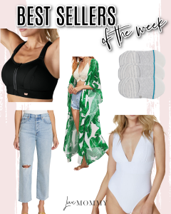 Houston fashion/lifestyle blogger LuxMommy shares best sellers of the week including my new favorite pair of jeans, the perfect one piece swimsuit for summer, tropical print cover up, super supportive sports bra, and the all time best no show socks