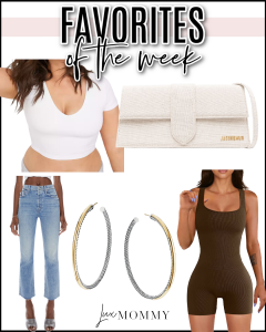 Houston fashion/lifestyle blogger LuxMommy shares favorites of the week including a perfect crop top for summer, my current favorite romper, the best hoop earrings, jeans, and a must have small shoulder bag for summer