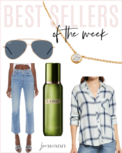 Houston fashion/lifestyle blogger LuxMommy shares best sellers of the week including the perfect classic sunglasses, the best jeans currently on sale, Rails plaid shirt, La Mer holy grail lotion, and my newest diamond necklace.