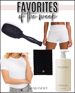 Houston fashion/lifestyle blogger LuxMommy shares favorites of the week including a perfect basic tee, my favorite workout shorts, the best hair bands, a detangling hairbrush that you need to buy, and Donna Karan body lotion