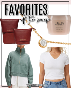 Houston fashion/lifestyle blogger LuxMommy shares favorites of the week including the perfect travel makeup bag, my current favorite pullover, the best cropped tee, the everyday necklace that you need, and one of my favorite Colleen Rothschild products