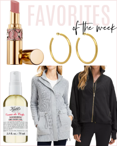 Houston fashion/lifestyle blogger LuxMommy shares favorites of the week including the perfect lightweight jacket, a cozy cardigan, my new favorite body oil and lip balm, and the perfect pair of hoop earrings
