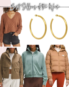 Houston fashion/lifestyle blogger LuxMommy shares best sellers of the week including a great cable knit sweater, the perfect hoop earrings, effortless jacket, the best puffer coat, and a current favorite zip up.